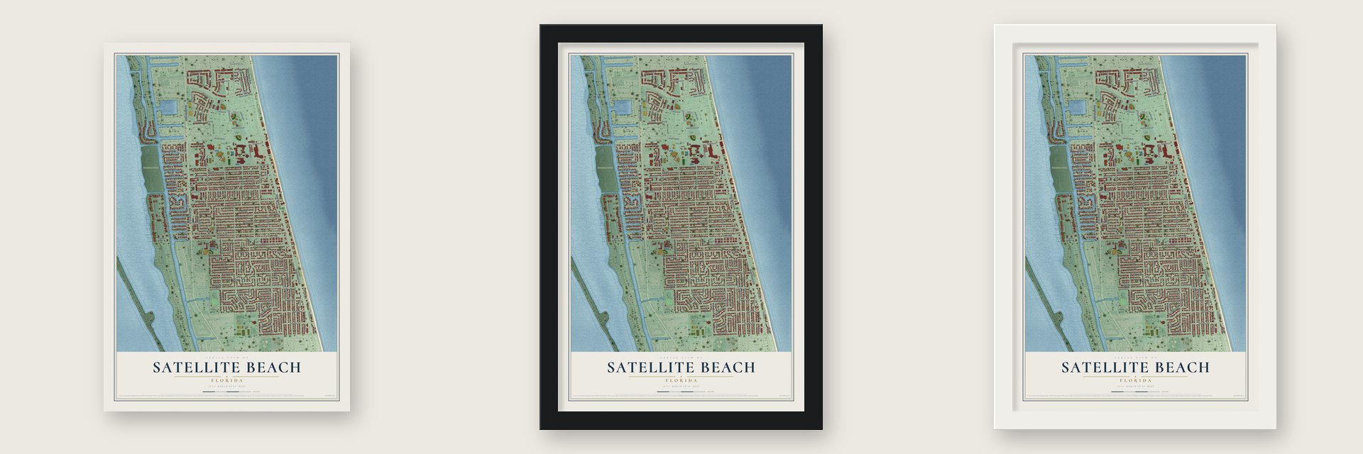 Satellite Beach, Florida map unframed, in a black wood frame and in a white wood frame