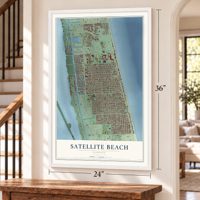 Satellite Beach, Florida map, 24 x 36 inch print in a white frame by a staircase