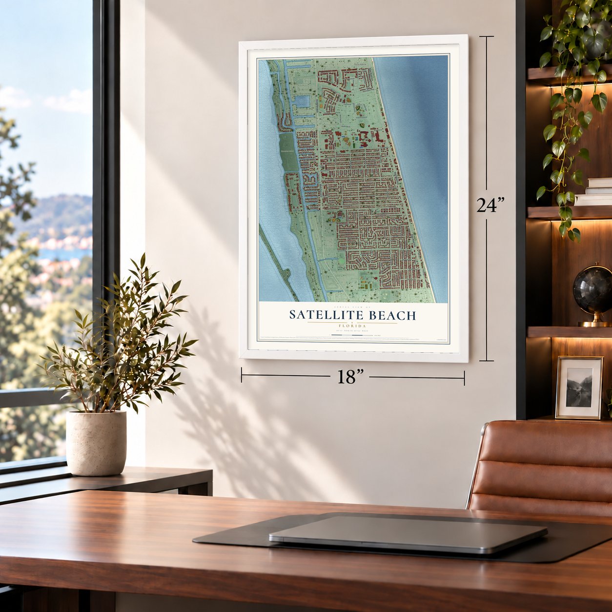 Satellite Beach, Florida map, 18 x 24 inch print in a white frame in a home office