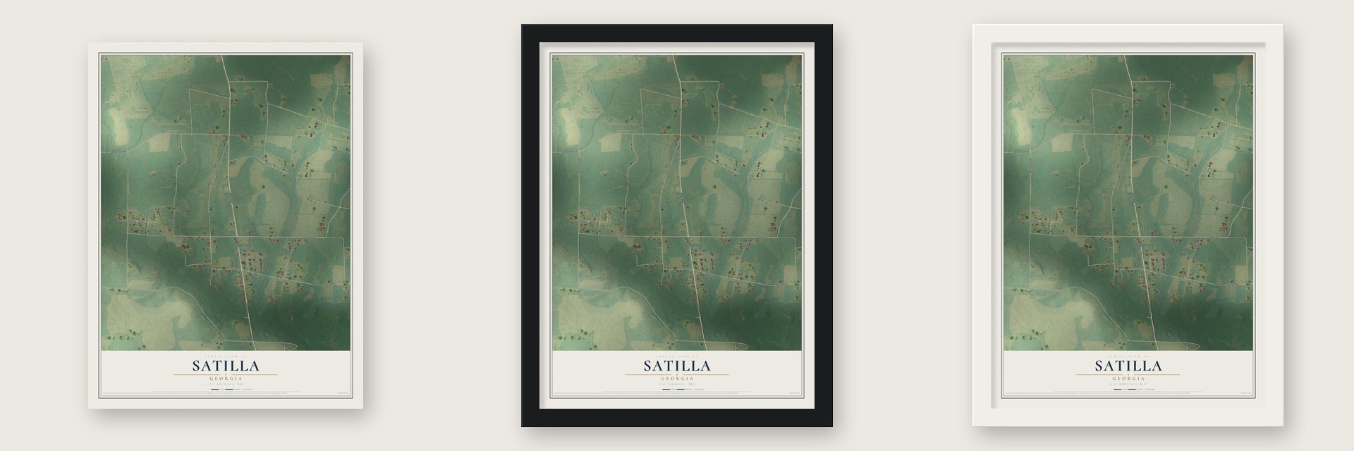 Satilla, Georgia map unframed, in a black wood frame and in a white wood frame