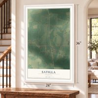 Satilla, Georgia map, 24 x 36 inch print in a white frame by a staircase