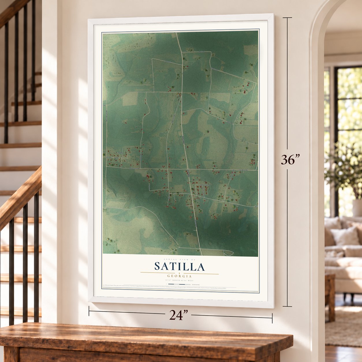 Satilla, Georgia map, 24 x 36 inch print in a white frame by a staircase