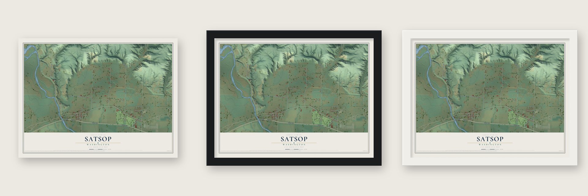 Satsop, Washington map unframed, in a black wood frame and in a white wood frame