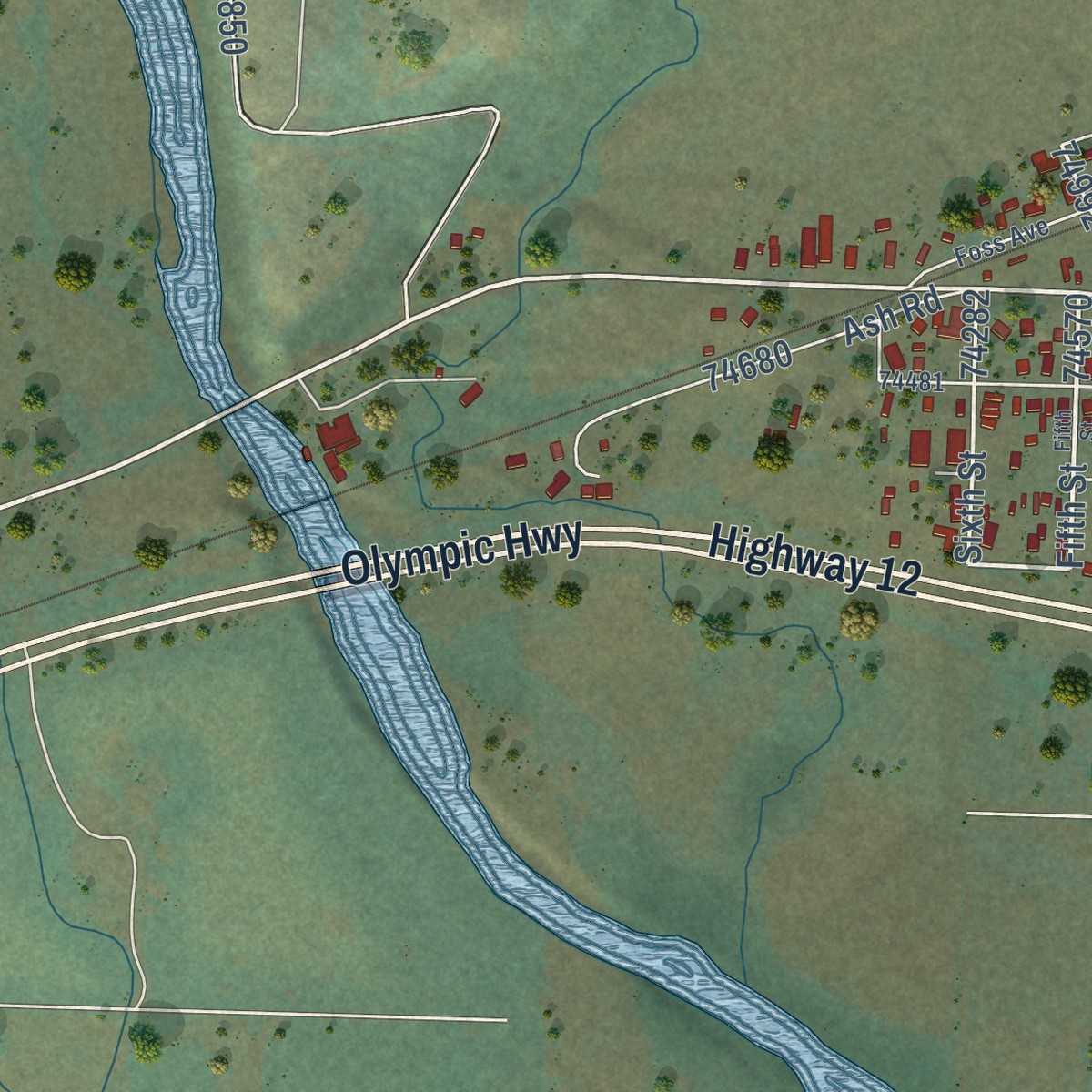 Second close-up of the map of Satsop, Washington print showing more streets and buildings