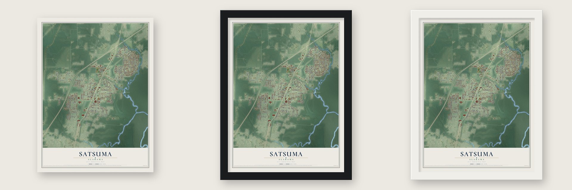 Satsuma, Alabama map unframed, in a black wood frame and in a white wood frame