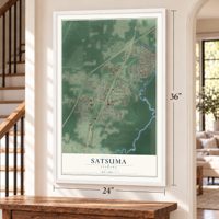 Satsuma, Alabama map, 24 x 36 inch print in a white frame by a staircase