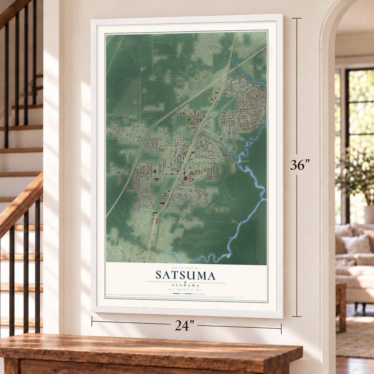 Satsuma, Alabama map, 24 x 36 inch print in a white frame by a staircase