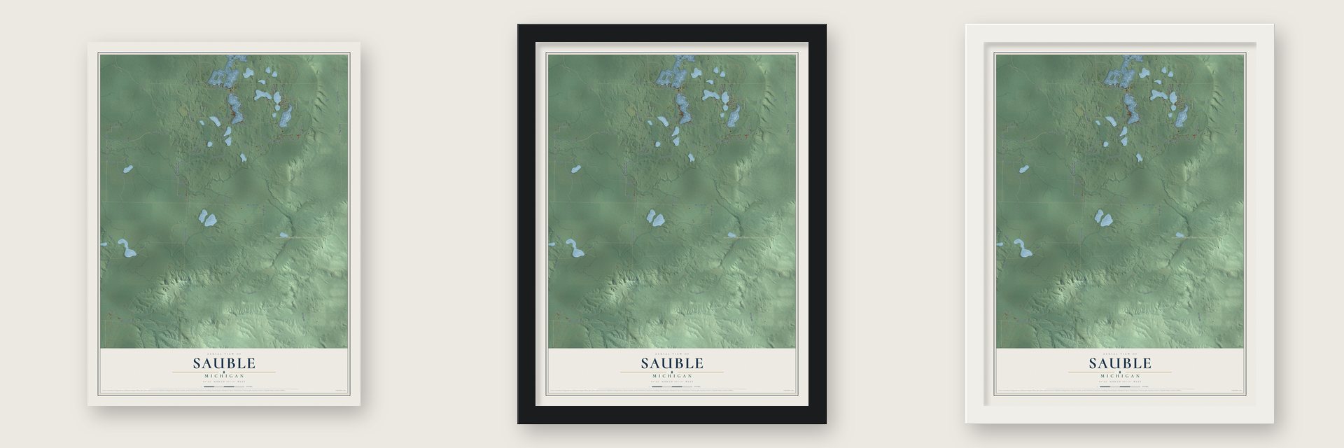 Sauble, Michigan map unframed, in a black wood frame and in a white wood frame