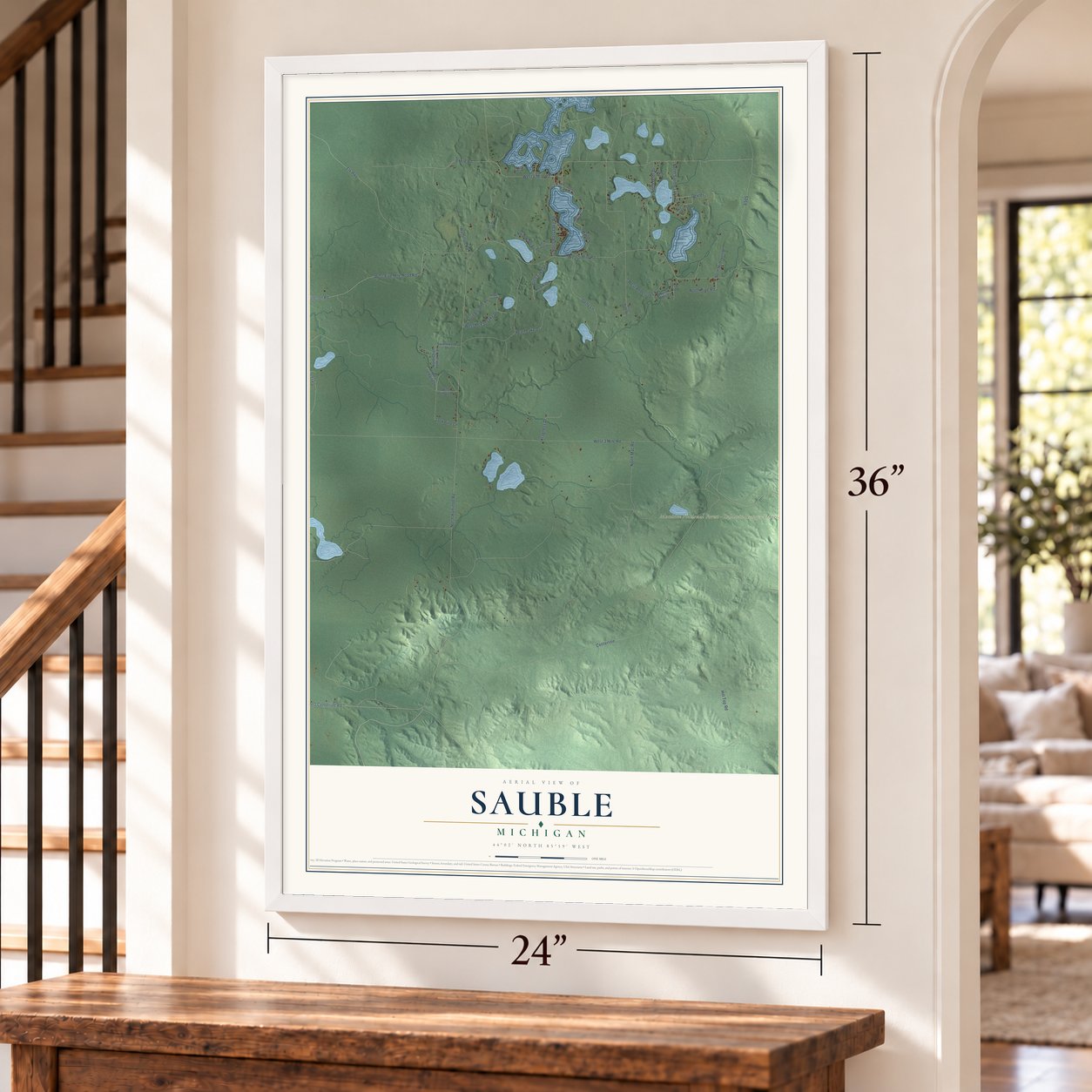 Sauble, Michigan map, 24 x 36 inch print in a white frame by a staircase