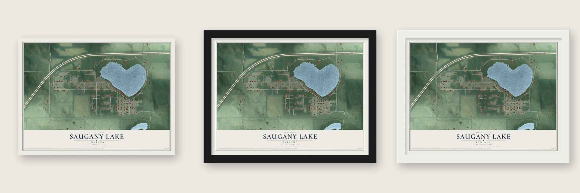 Saugany Lake, Indiana map unframed, in a black wood frame and in a white wood frame