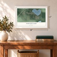 Saugany Lake, Indiana map, 12 x 18 inch print in a white frame in an entryway