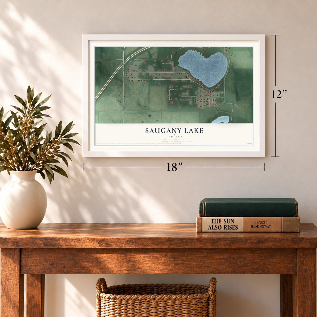 Saugany Lake, Indiana map, 12 x 18 inch print in a white frame in an entryway