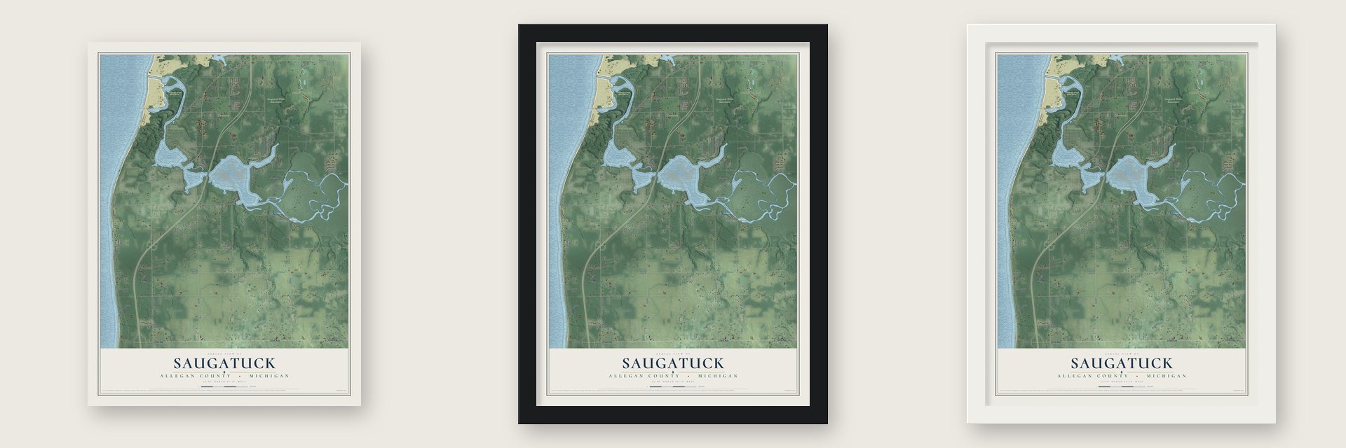 Saugatuck, Allegan County, Michigan map unframed, in a black wood frame and in a white wood frame
