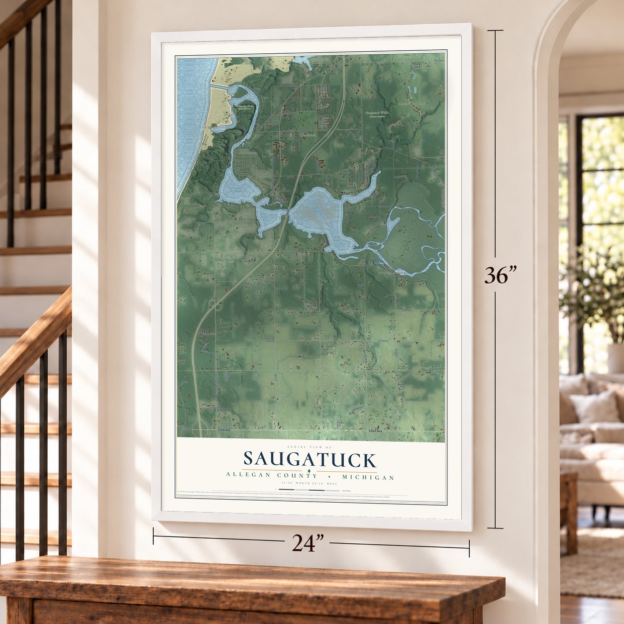 Saugatuck, Allegan County, Michigan map, 24 x 36 inch print in a white frame by a staircase