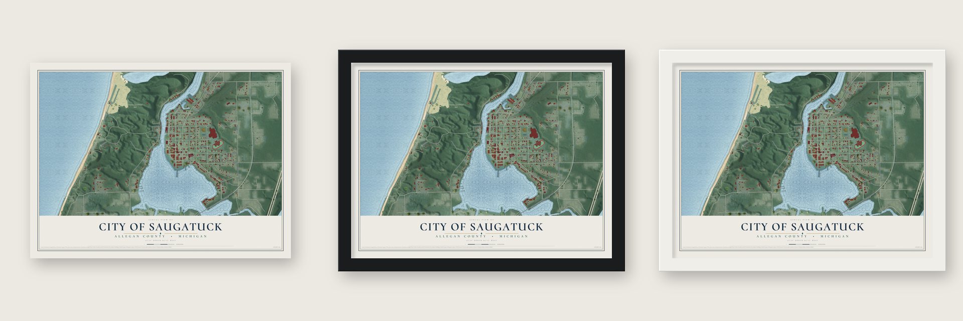 Saugatuck, Michigan map unframed, in a black wood frame and in a white wood frame