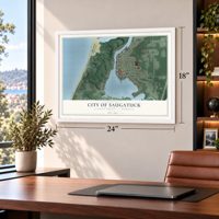Saugatuck, Michigan map, 18 x 24 inch print in a white frame in a home office