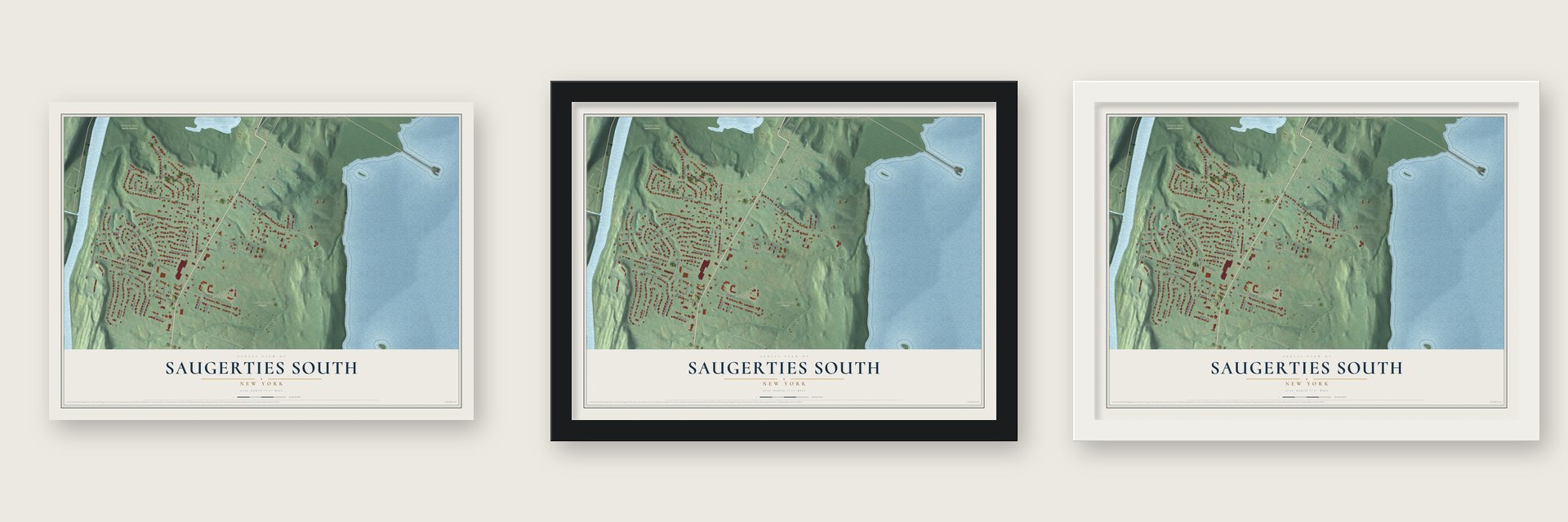 Saugerties South, New York map unframed, in a black wood frame and in a white wood frame