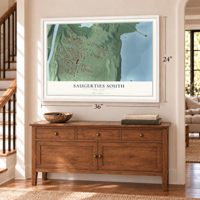 Saugerties South, New York map, 24 x 36 inch print in a white frame above a dresser by a staircase