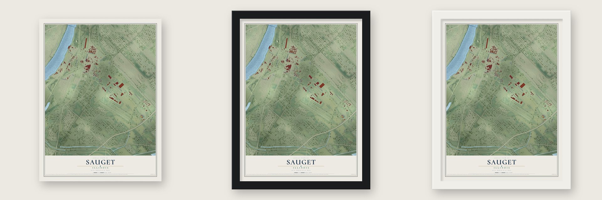 Sauget, Illinois map unframed, in a black wood frame and in a white wood frame
