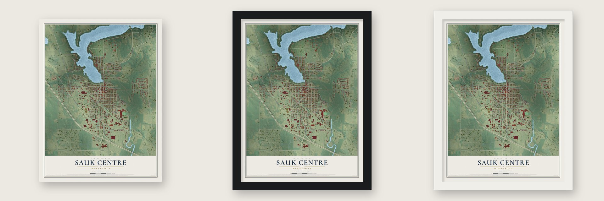 Sauk Centre, Minnesota map unframed, in a black wood frame and in a white wood frame