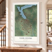 Sauk Centre, Minnesota map, 24 x 36 inch print in a white frame by a staircase