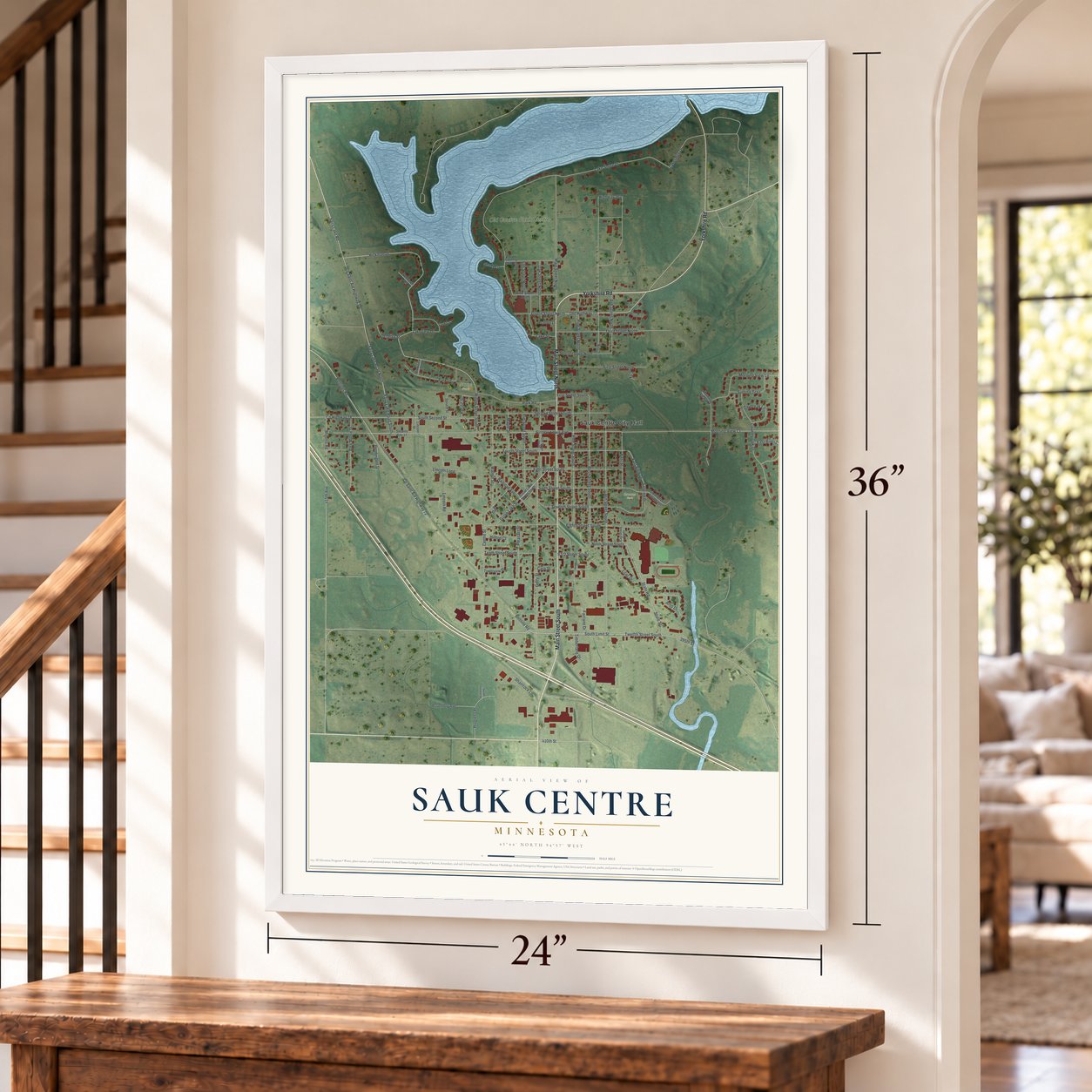 Sauk Centre, Minnesota map, 24 x 36 inch print in a white frame by a staircase
