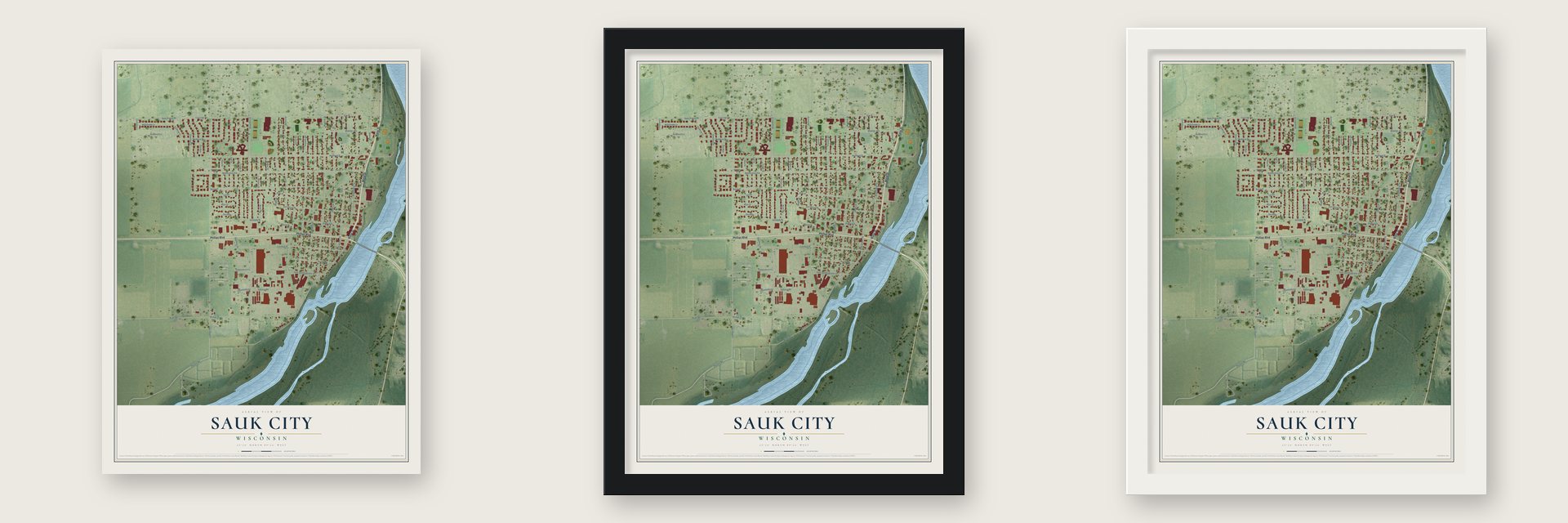 Sauk City, Wisconsin map unframed, in a black wood frame and in a white wood frame