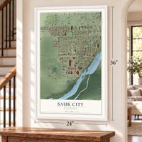 Sauk City, Wisconsin map, 24 x 36 inch print in a white frame by a staircase