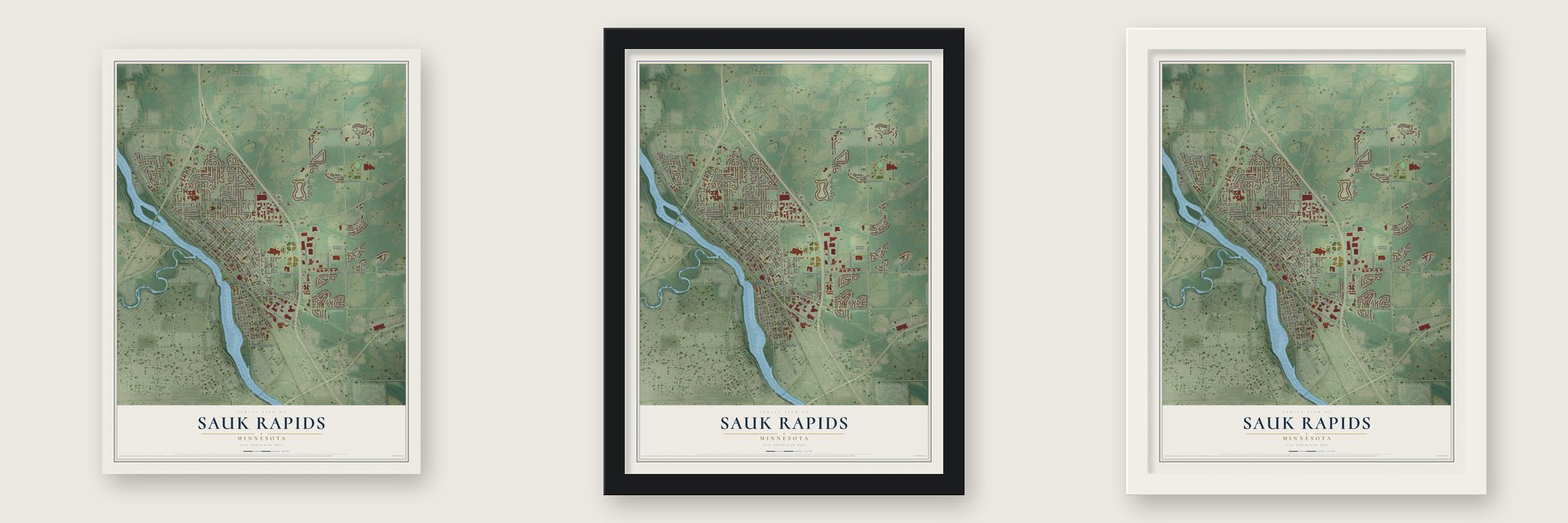 Sauk Rapids, Minnesota map unframed, in a black wood frame and in a white wood frame