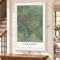 Sauk Rapids, Minnesota map, 24 x 36 inch print in a white frame by a staircase