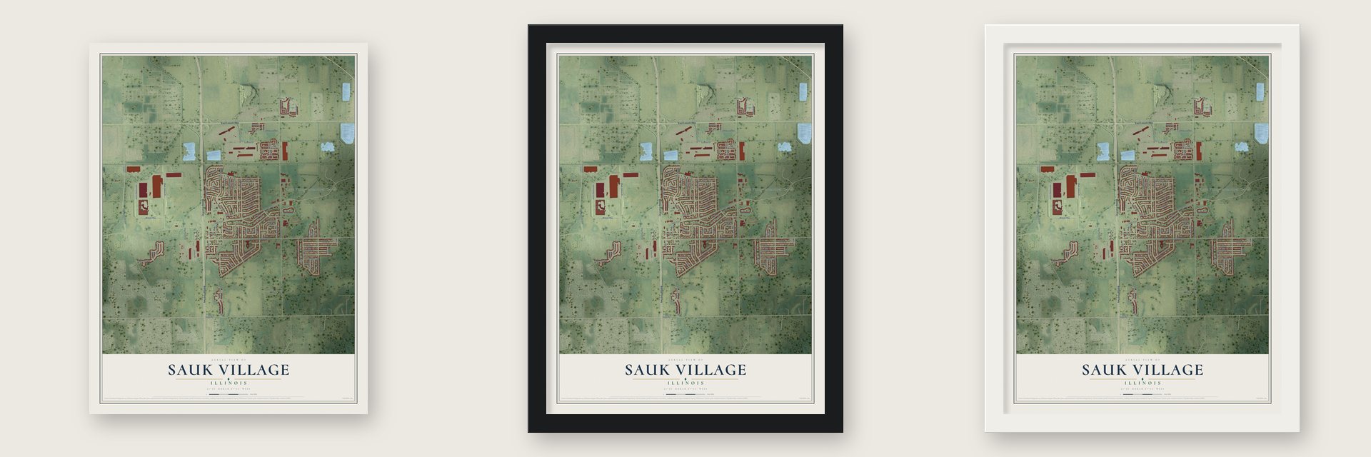 Sauk Village, Illinois map unframed, in a black wood frame and in a white wood frame