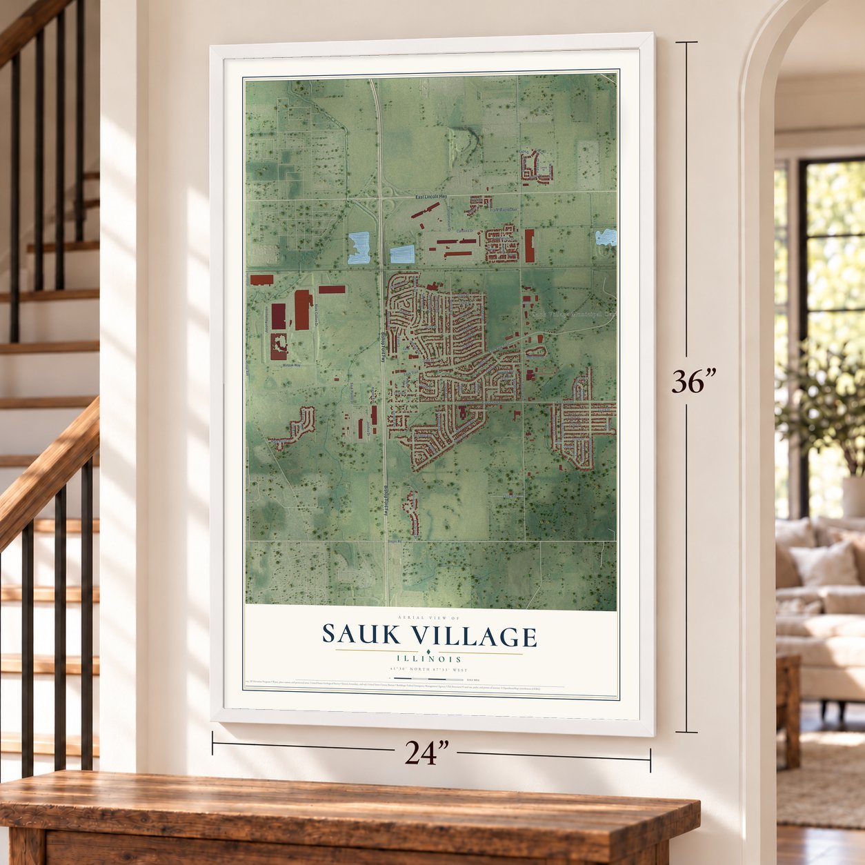 Sauk Village, Illinois map, 24 x 36 inch print in a white frame by a staircase
