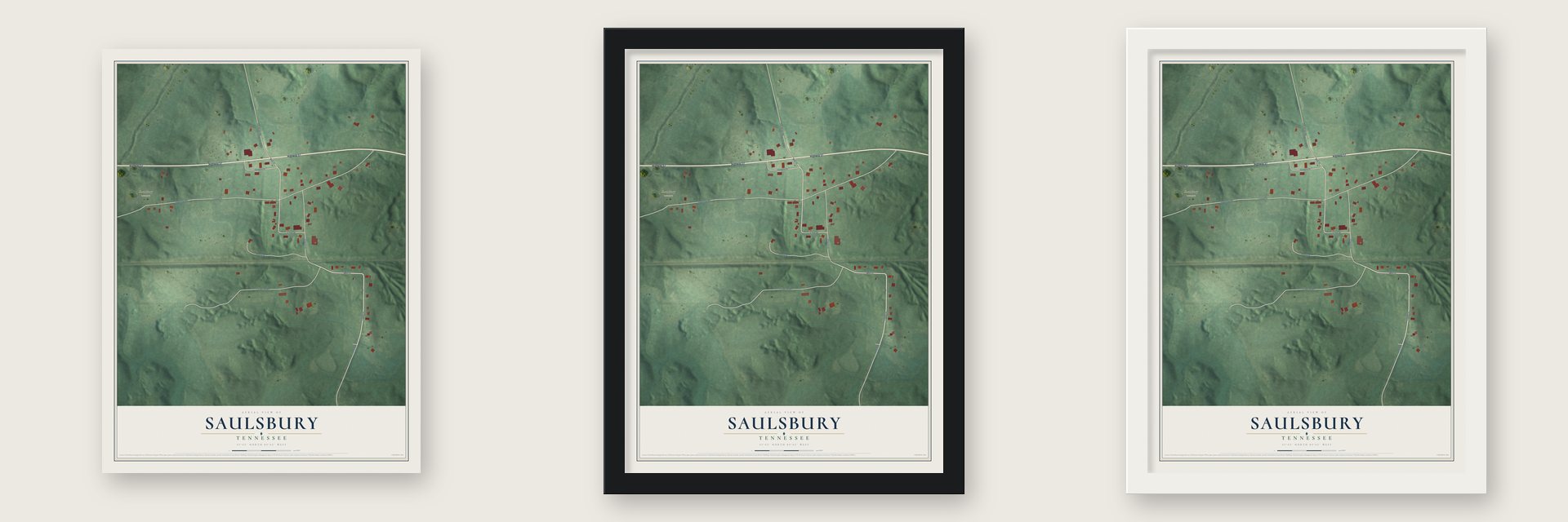 Saulsbury, Tennessee map unframed, in a black wood frame and in a white wood frame