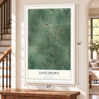 Saulsbury, Tennessee map, 24 x 36 inch print in a white frame by a staircase