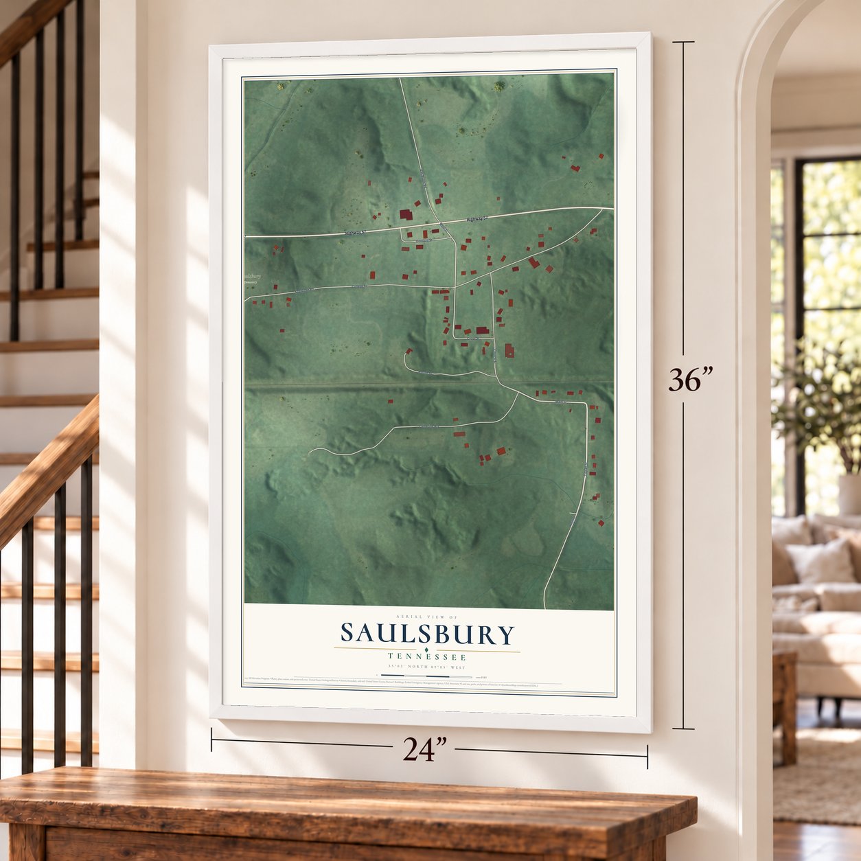 Saulsbury, Tennessee map, 24 x 36 inch print in a white frame by a staircase