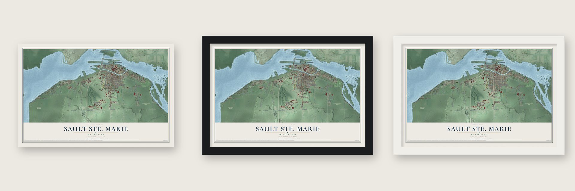 Sault Ste. Marie, Michigan map unframed, in a black wood frame and in a white wood frame