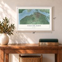Sault Ste. Marie, Michigan map, 12 x 18 inch print in a white frame in an entryway