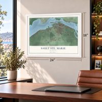 Sault Ste. Marie, Michigan map, 18 x 24 inch print in a white frame in a home office