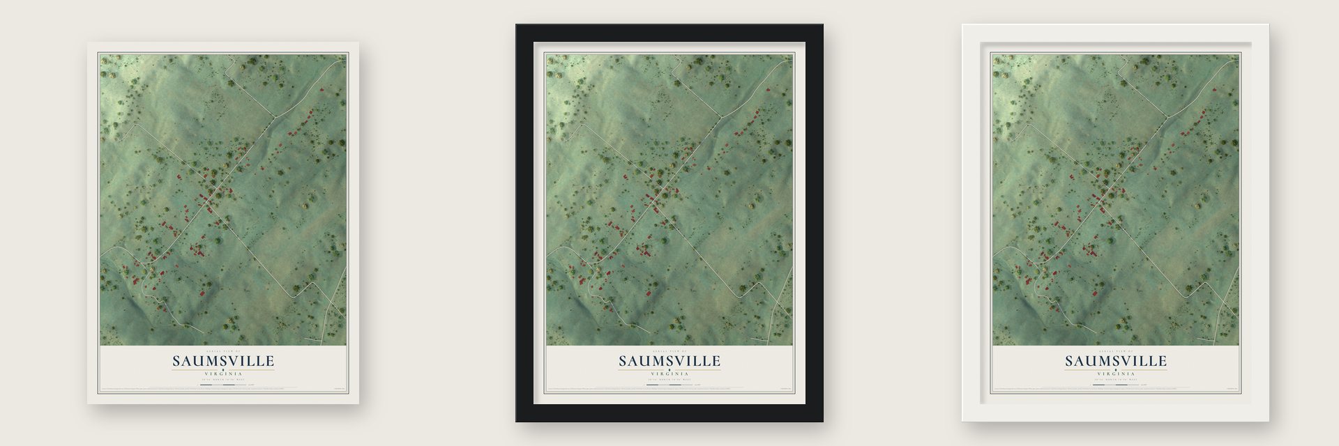 Saumsville, Virginia map unframed, in a black wood frame and in a white wood frame