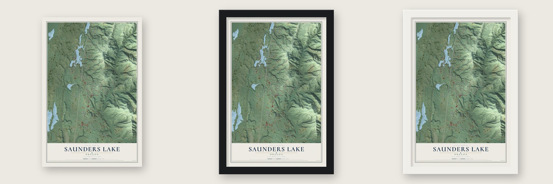 Saunders Lake, Oregon map unframed, in a black wood frame and in a white wood frame
