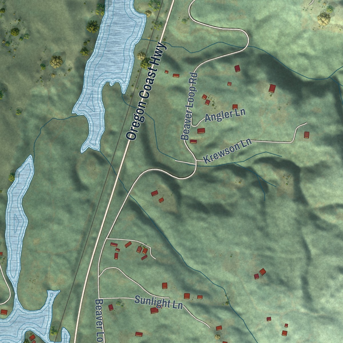 Second close-up of the map of Saunders Lake, Oregon print showing more streets and buildings