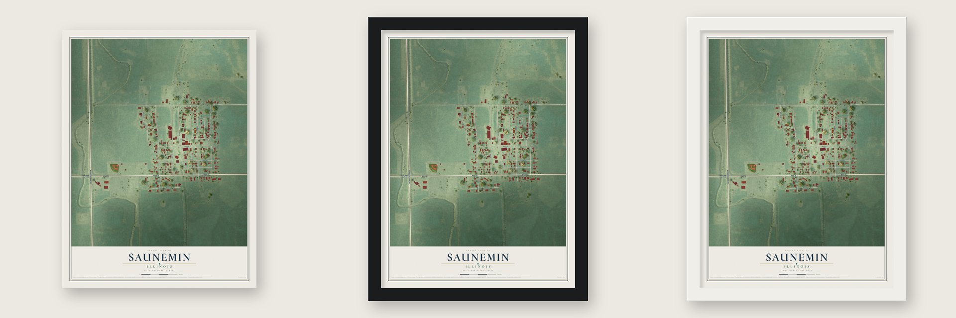 Saunemin, Illinois map unframed, in a black wood frame and in a white wood frame