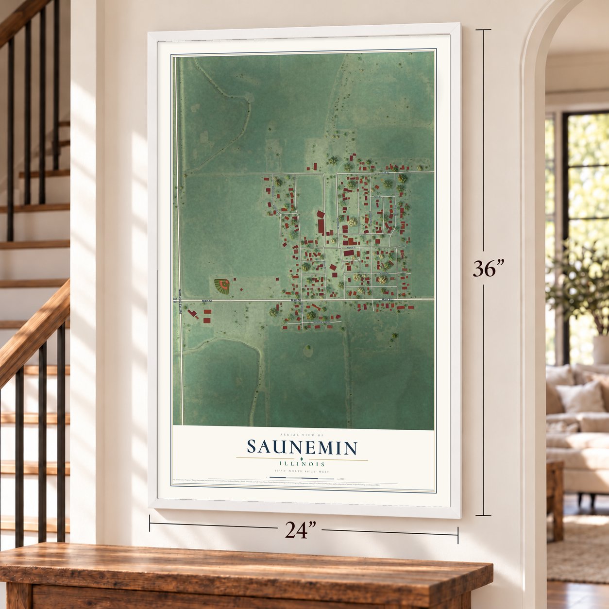 Saunemin, Illinois map, 24 x 36 inch print in a white frame by a staircase