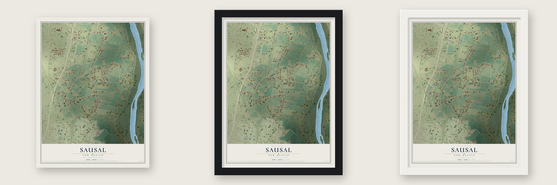 Sausal, New Mexico map unframed, in a black wood frame and in a white wood frame