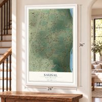 Sausal, New Mexico map, 24 x 36 inch print in a white frame by a staircase
