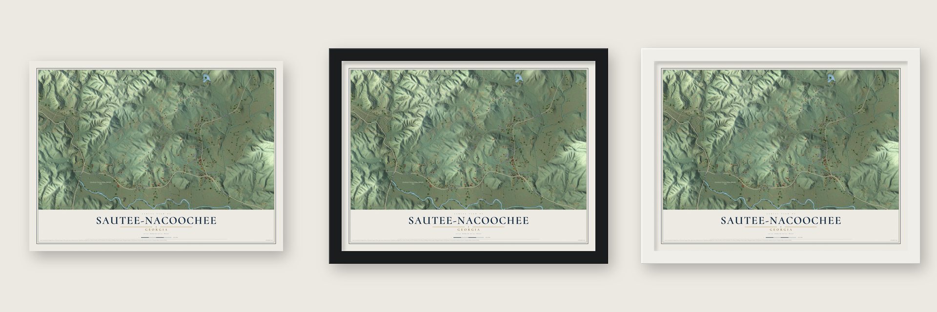 Sautee-Nacoochee, Georgia map unframed, in a black wood frame and in a white wood frame