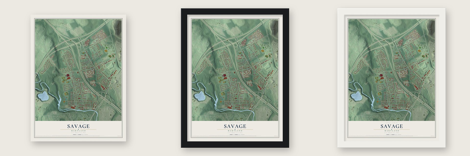 Savage, Maryland map unframed, in a black wood frame and in a white wood frame