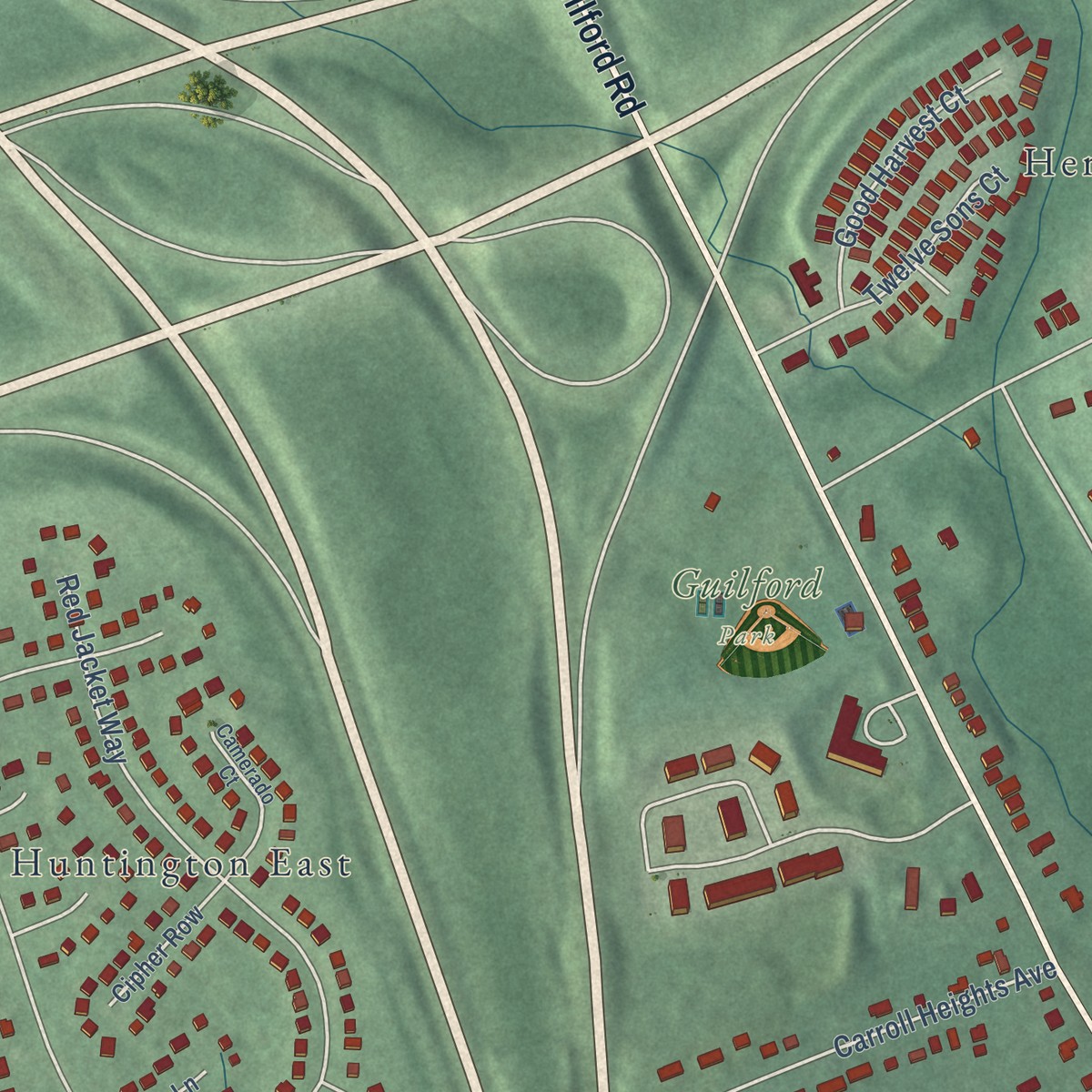 Second close-up of the map of Savage, Maryland print showing more streets and buildings