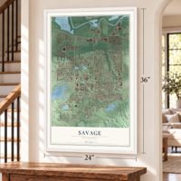 Savage, Minnesota map, 24 x 36 inch print in a white frame by a staircase