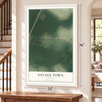 Savage Town, Virginia map, 24 x 36 inch print in a white frame by a staircase